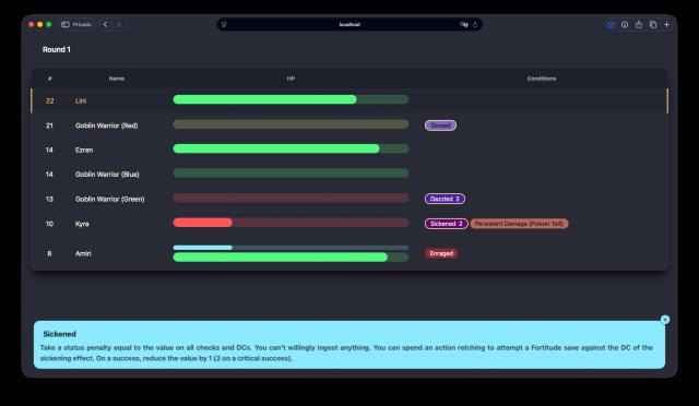 AI de seguimiento de iniciativa: orden de combate, HP y efectos de estado