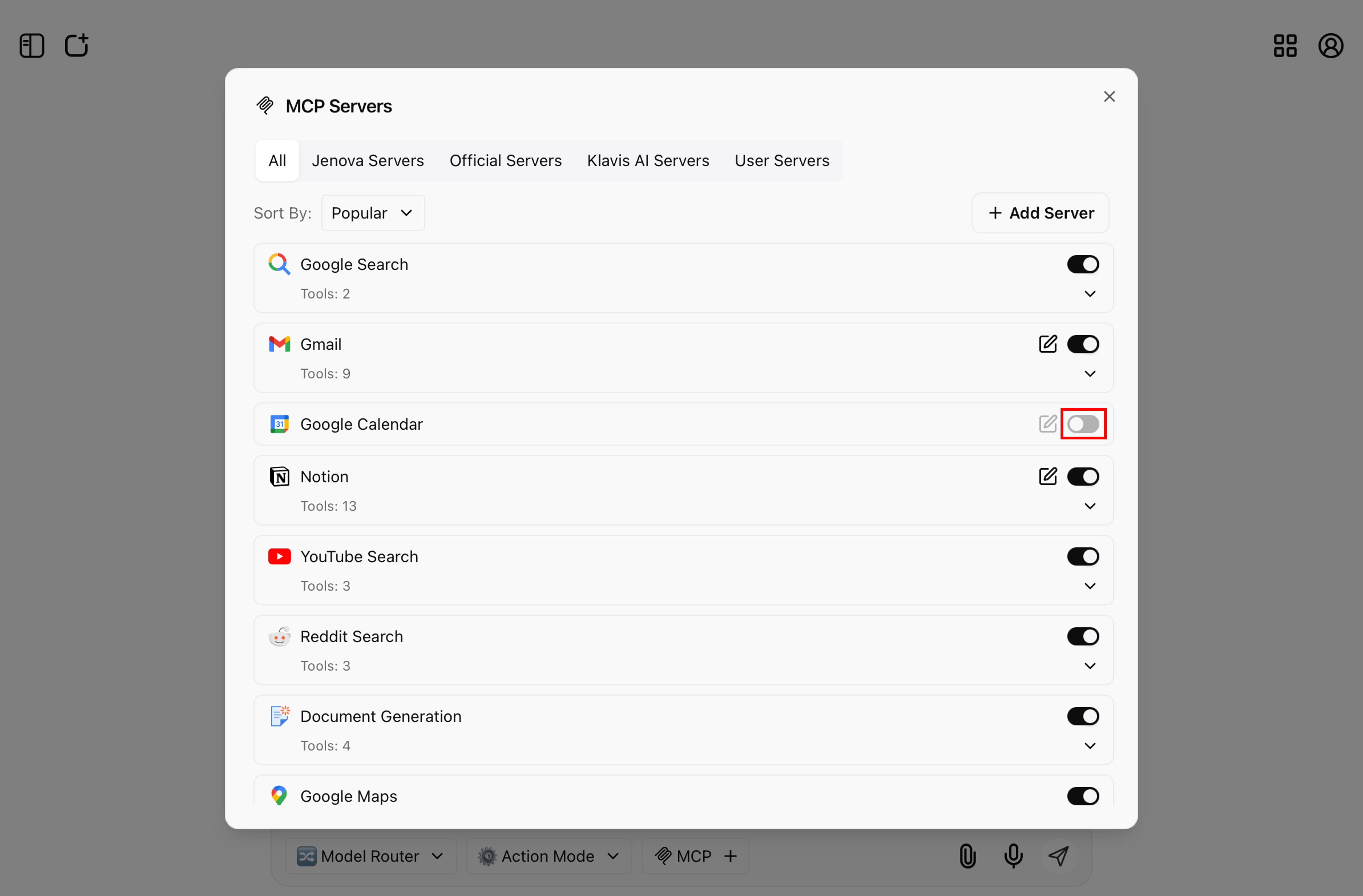 Enabling Google Calendar MCP Server in Jenova