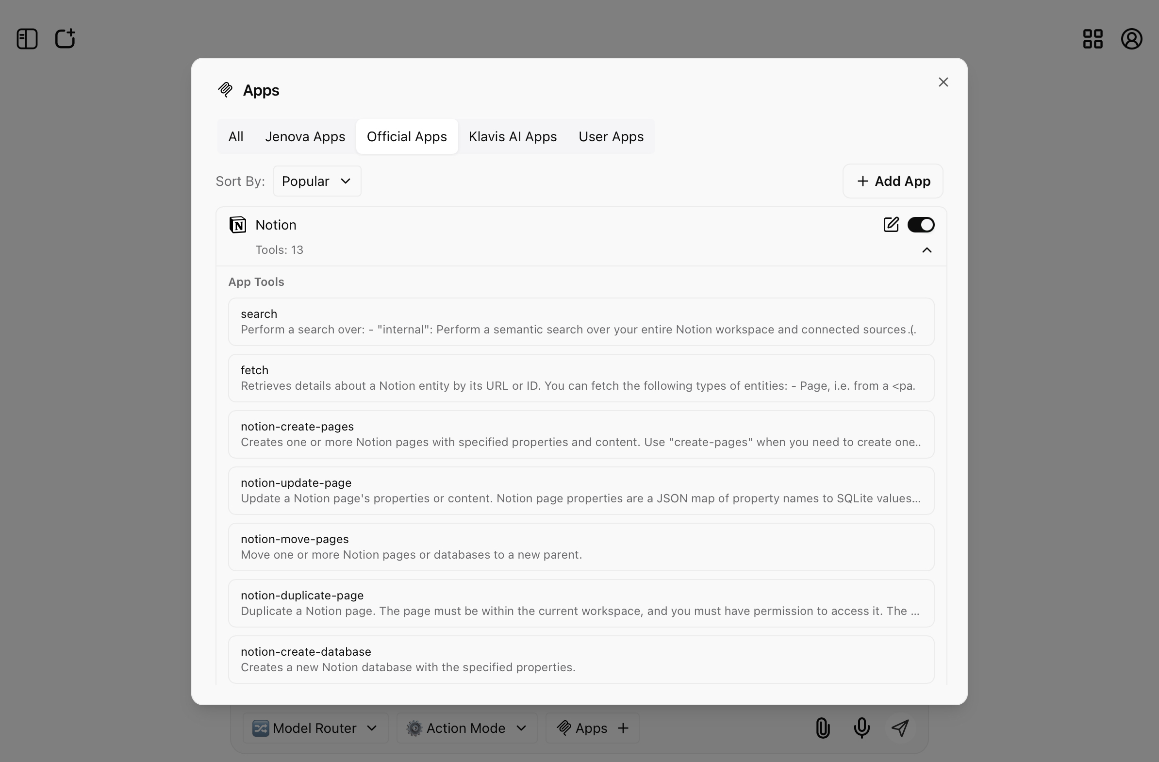 Notion MCP tools available inside Jenova’s Apps view