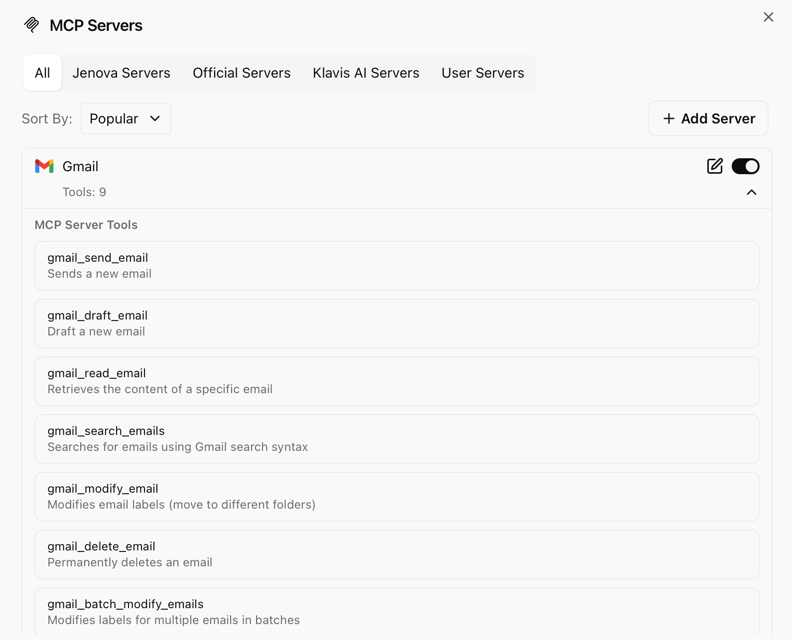 List of available tools in the Gmail MCP Server