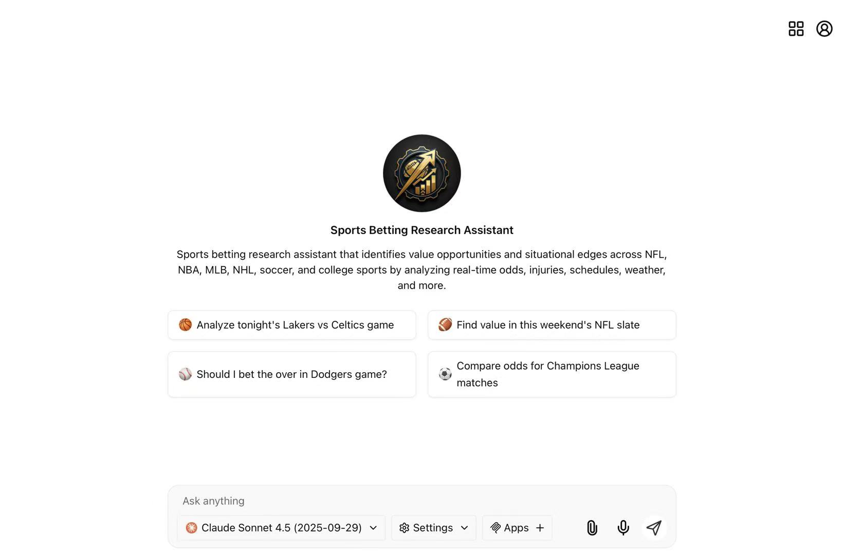 Sports Betting Research Assistant interface