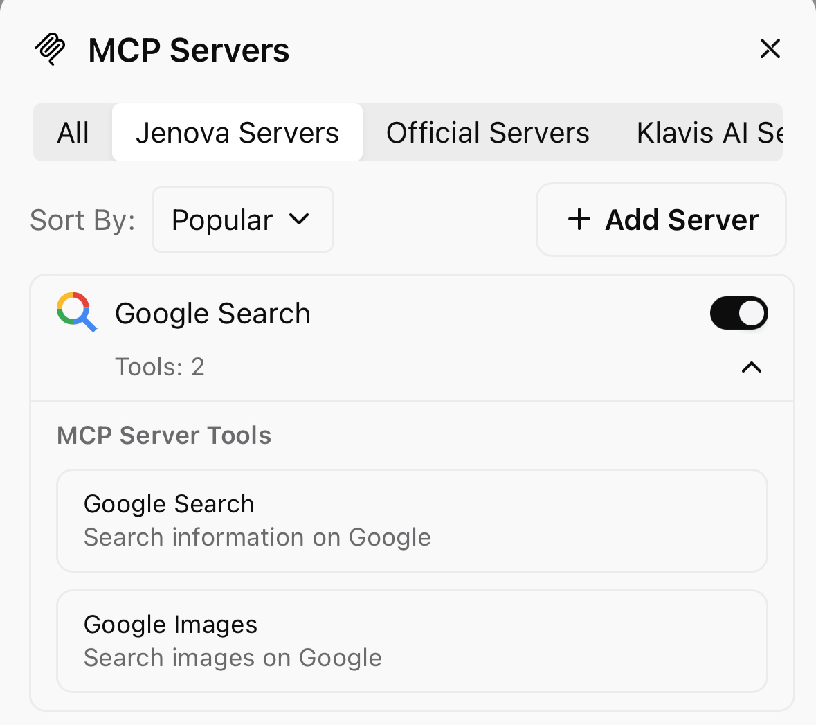 Jenova UI for managing MCP Servers, showing Google Search and Google Images tools.