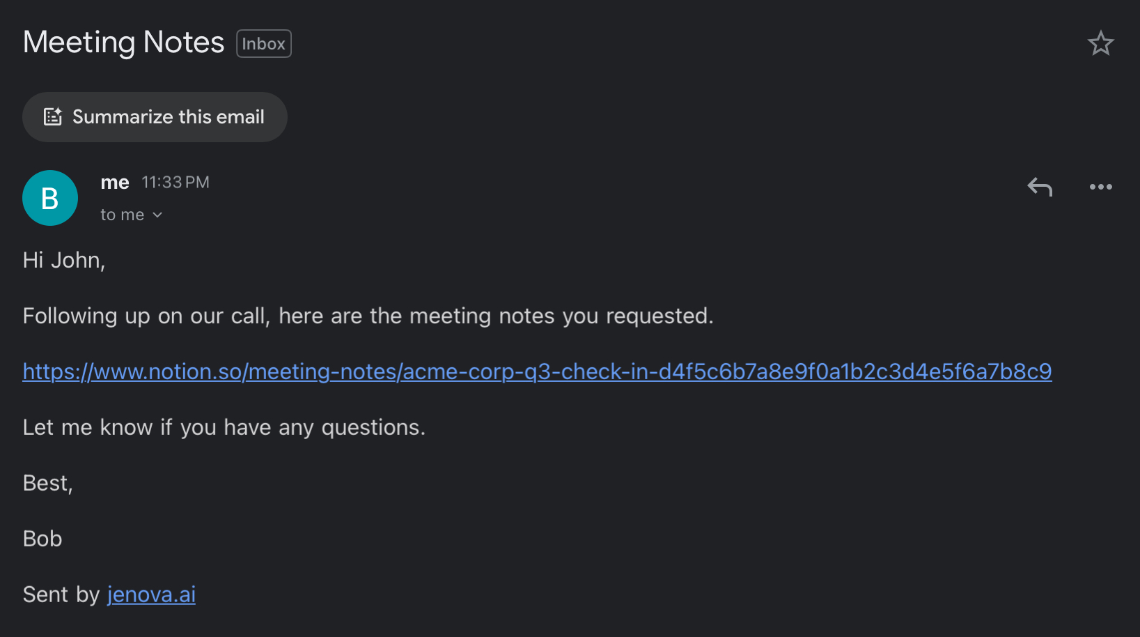 Example of an email sent by an AI agent via the Gmail MCP Server