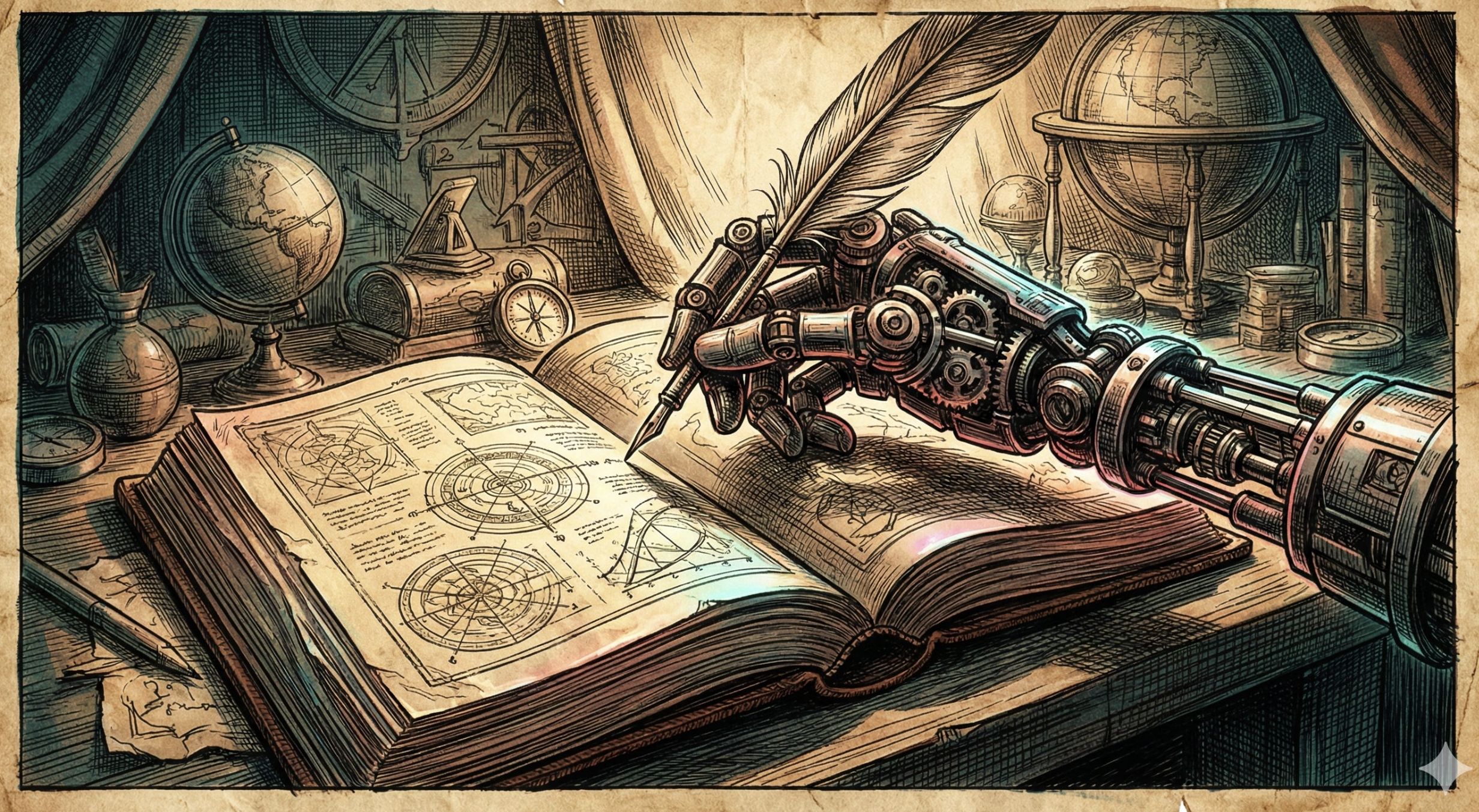 Steampunk illustration of a mechanical robotic arm holding a quill pen over an open book filled with navigational charts and geometric diagrams, surrounded by globes, compasses, and brass instruments