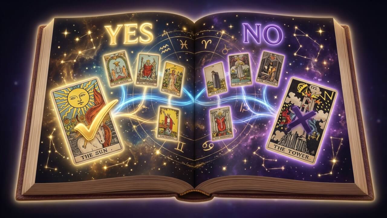 Aufgeschlagenes mystisches Grimoire mit einem Ja/Nein-Tarotsystem — die Sonnenkarte mit Häkchen auf der goldenen JA-Seite und der durchgestrichene Turm auf der violetten NEIN-Seite, umgeben von Tierkreiszeichen
