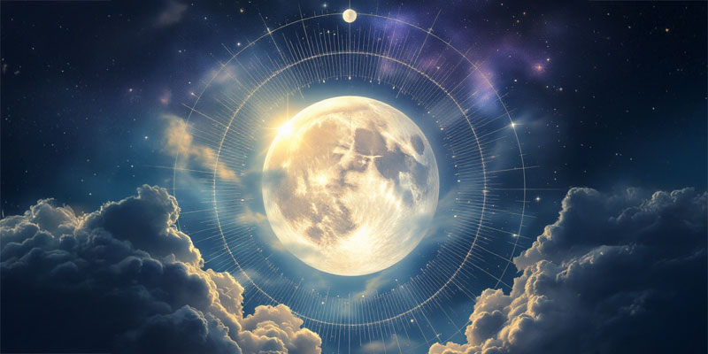 Luminous full moon encircled by astrological chart rings, representing AI moon sign calculation