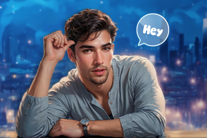 Digital illustration of a handsome young man with wavy brown hair in a light blue shirt against a night city skyline, with a speech bubble reading Hey, representing an AI boyfriend chat