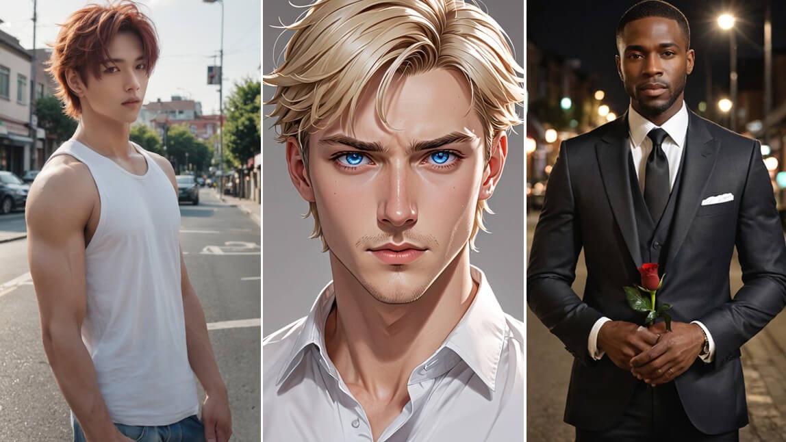 Composite triptych of three men in different styles — a man in a white tank top on a city street, a stylized blond illustration, and a man in a black suit holding a red rose — representing customizable AI boyfriend personas