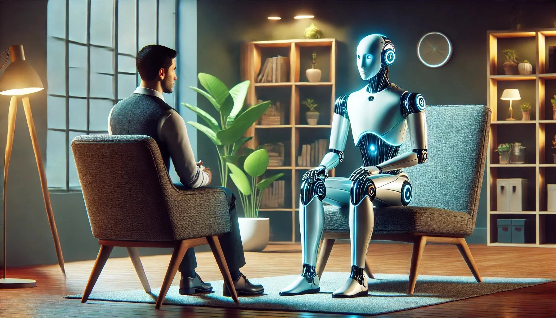 Một người đàn ông mặc trang phục công sở giản dị ngồi đối diện robot hình người đóng vai nhà trị liệu AI trong văn phòng tư vấn hiện đại, minh họa khái niệm nhà trị liệu AI