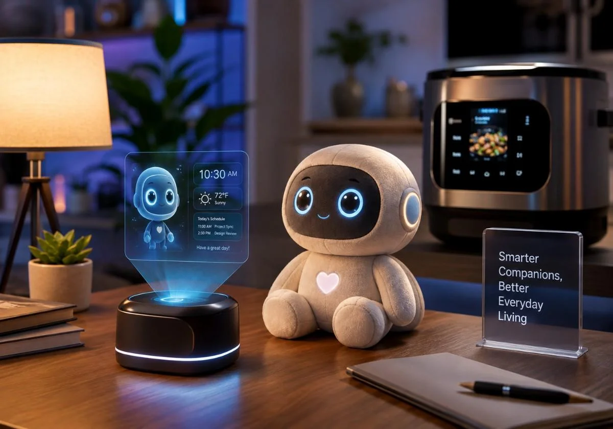 Plush AI companion robot with glowing blue eyes beside a holographic smart assistant displaying time, weather, and schedule on a wooden desk in a modern home