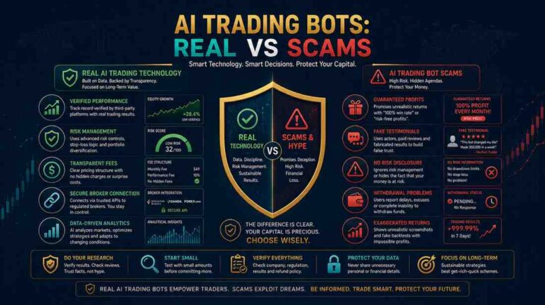 Infographic comparing legitimate AI trading technology with AI trading bot scams, including verified data, risk controls, and warning signs of guaranteed-return fraud