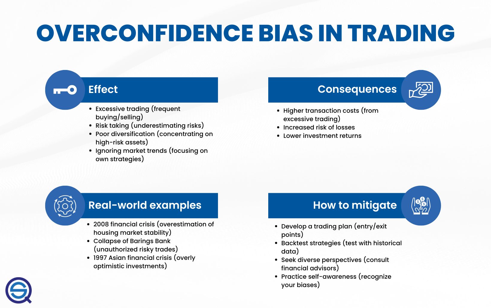 Infographic on overconfidence bias in trading, covering effects such as excessive trading, consequences including higher costs and losses, historical examples, and mitigation through plans, backtests, and self-awareness