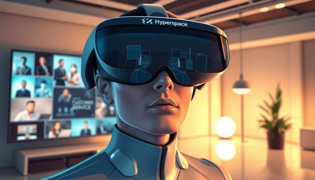 Professionnel utilisant un casque AR futuriste durant une simulation immersive de formation au jeu de rôle IA dans un bureau moderne