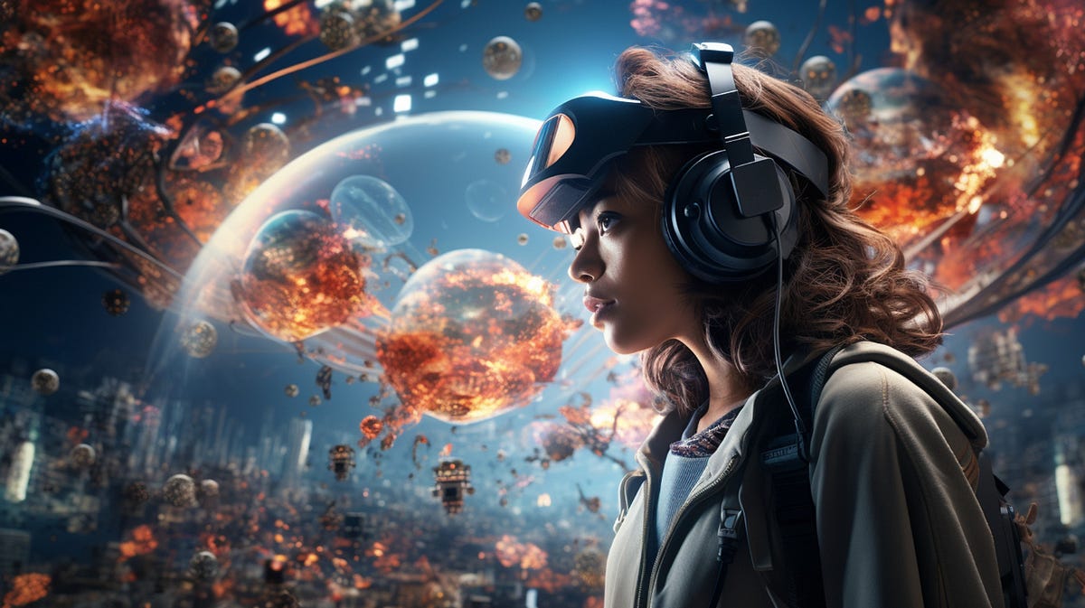 Jeune femme portant un casque VR et des écouteurs, immergée dans une aventure cinématographique de jeu de rôle IA au milieu de paysages cosmiques