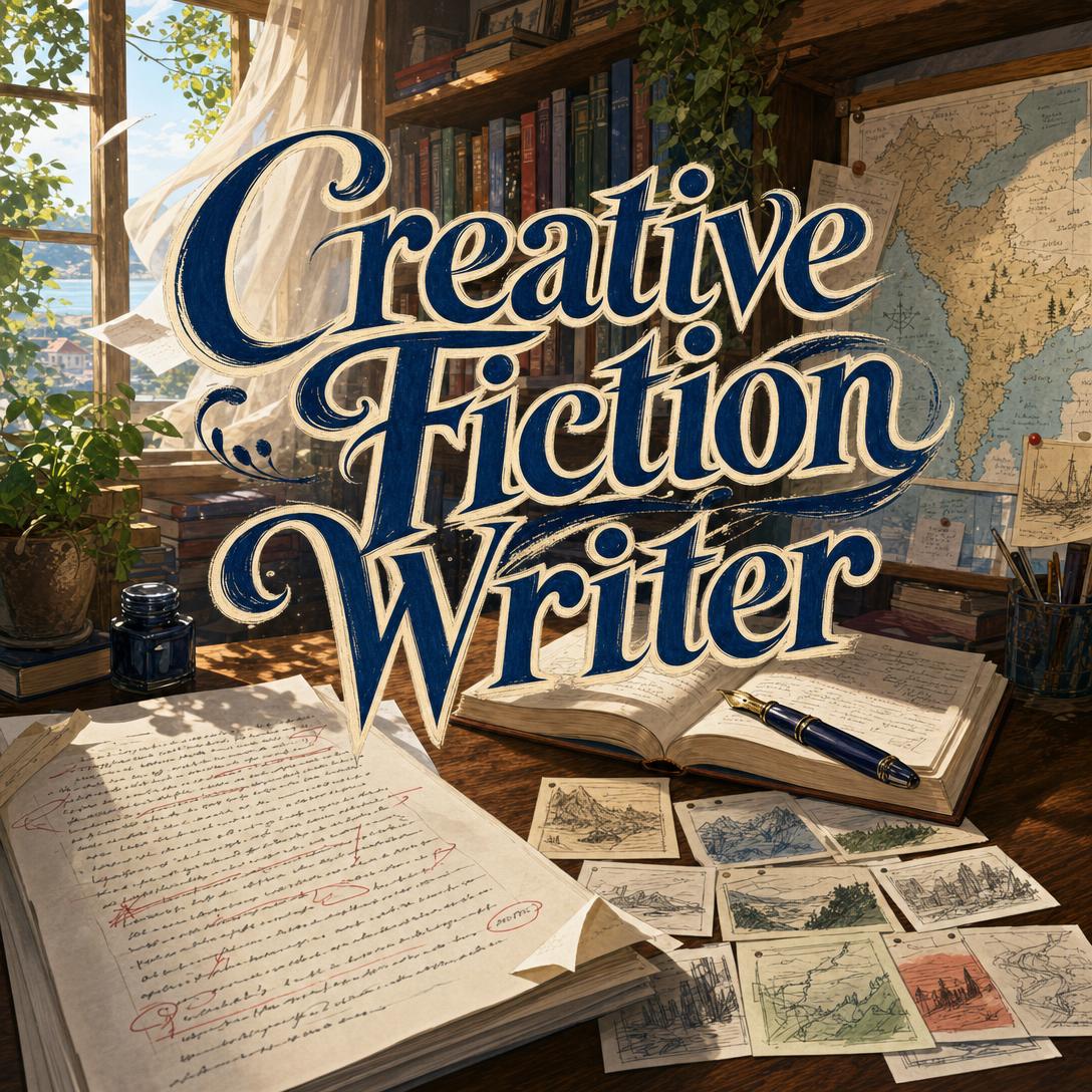 손글씨 원고, 만년필, 빈티지 지도, 풍경 스케치, 나무 책상 위에 Creative Fiction Writer라는 글자가 놓인 햇살 가득한 작가의 서재