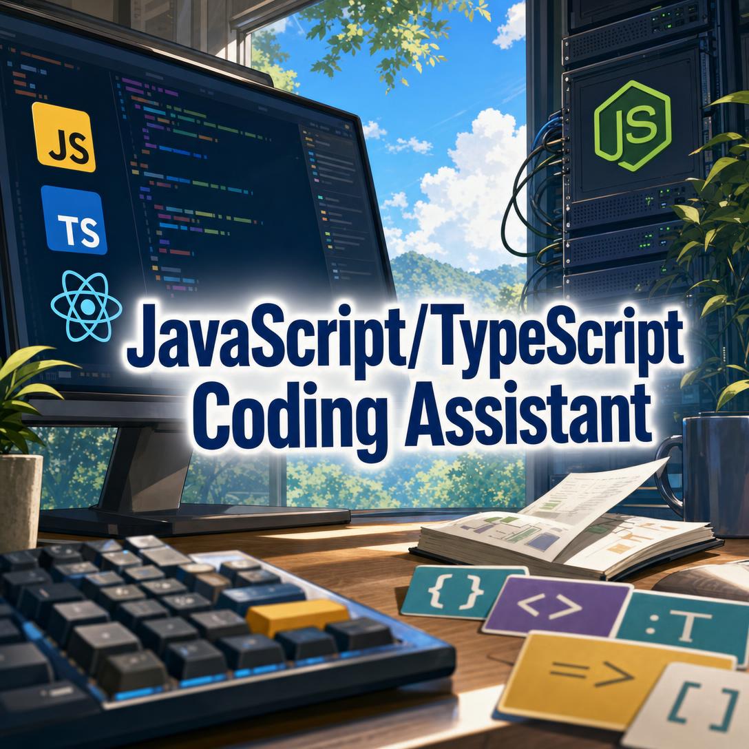 โต๊ะของนักพัฒนาที่มีจอแสดงโลโก้ JavaScript, TypeScript และ React อยู่ข้างชั้นเซิร์ฟเวอร์ Node.js และการ์ดอ้างอิงโค้ด