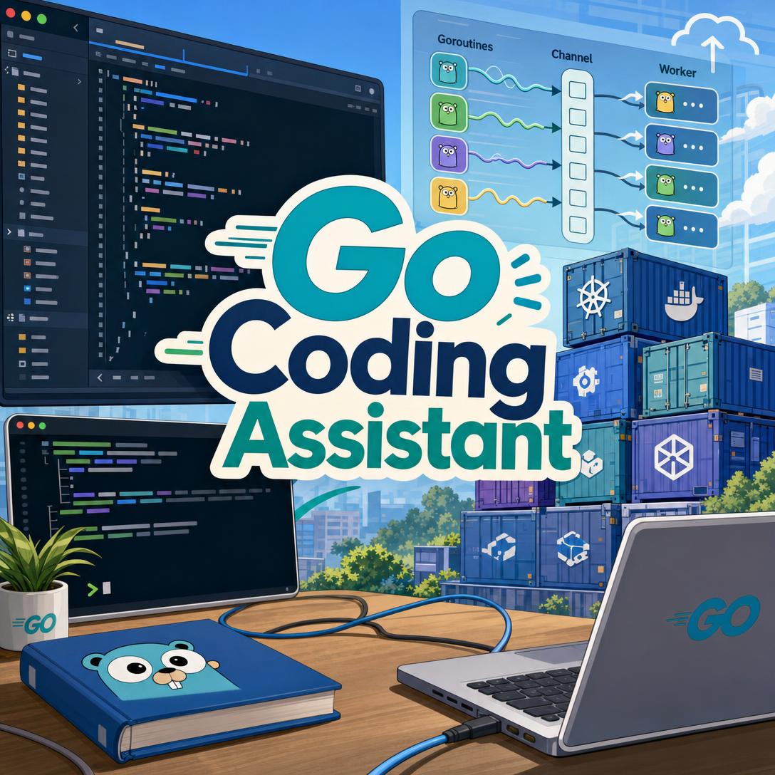 Go developer workstation showing code editors, a goroutine-channel-worker diagram with gophers, stacked shipping containers, and a Go gopher book under the Go Coding Assistant title