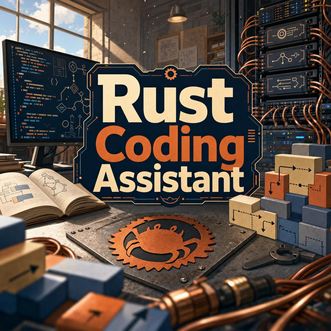 Industrial developer workspace with Ferris the crab emblem, systems diagrams, and Rust Coding Assistant branding beside server racks