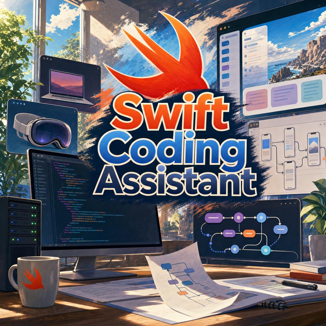 Developer desk with the Swift bird logo, an Xcode-style editor showing Swift code, iOS interface mockups, an Apple Vision Pro headset, architecture flow diagrams, and a Swift-branded coffee mug labeled Swift Coding Assistant