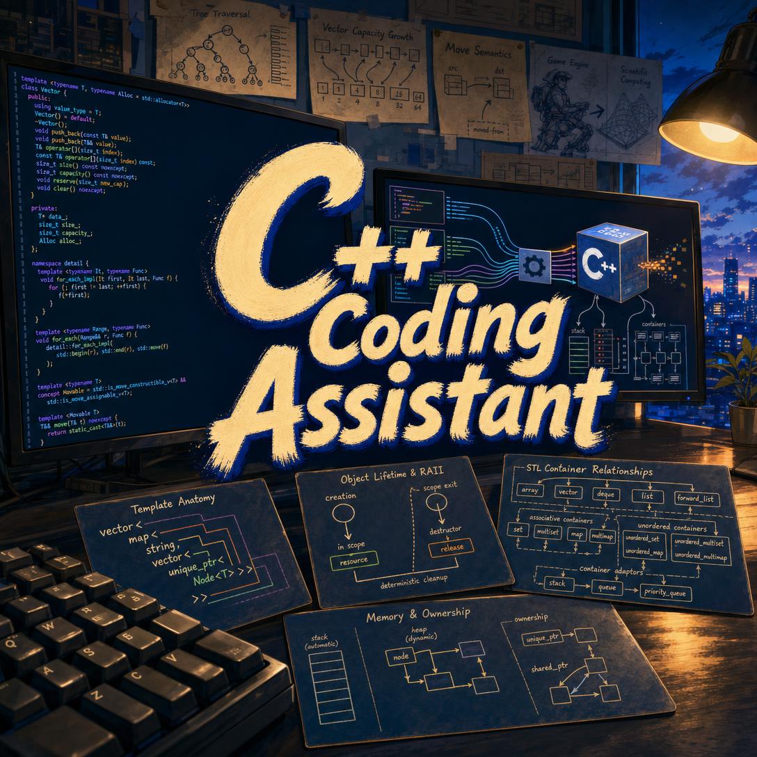C++ developer workstation with dual monitors showing template code, RAII object-lifetime diagrams, STL container relationship charts, and memory-ownership notes