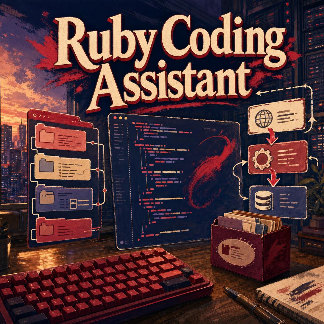 Vintage painted illustration of a Ruby coding workstation with a maroon keyboard, syntax-highlighted editor, file-folder cards, and data-flow diagrams titled Ruby Coding Assistant