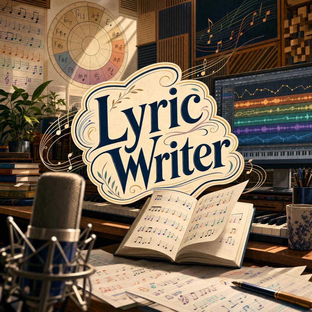 estudio de música bañado por el sol con las letras Lyric Writer sobre una partitura abierta, un micrófono de estudio, teclas de piano, un diagrama del círculo de quintas y un DAW que muestra formas de onda de audio coloridas