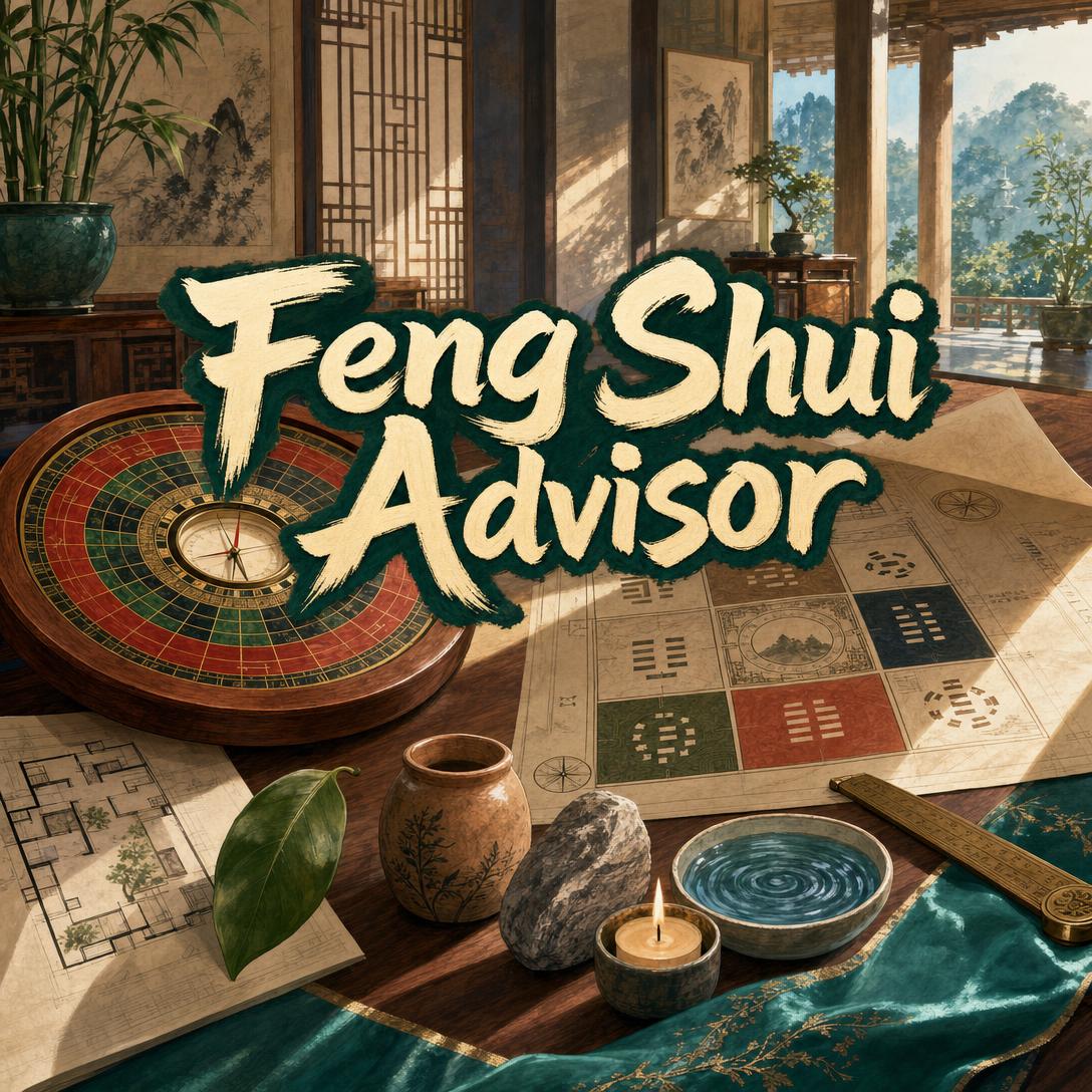 配有罗盘、八卦图、平面图、蜡烛和五行物件的传统中式书房,背景为 Feng Shui Advisor 字样