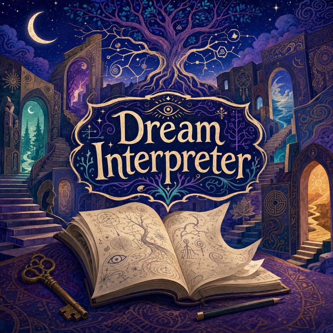Illustration mystique d’un journal de rêves ouvert, rempli d’esquisses symboliques, d’une clé dorée vintage et d’un arbre constellé sous un croissant de lune, intitulé Dream Interpreter