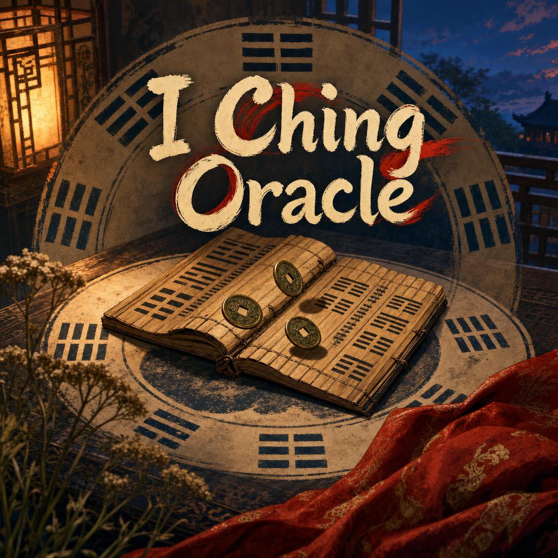 Libro dei Mutamenti aperto su bambù, con tre monete bronzee dell'I Ching e linee di esagrammi su un cerchio bagua accanto a una lanterna e a una seta rossa