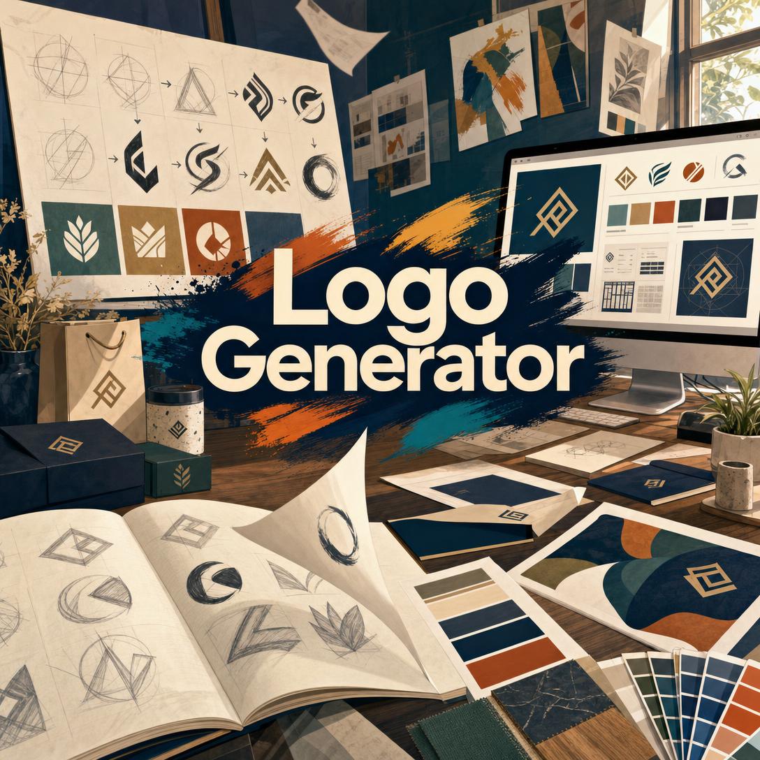 Bureau de studio créatif couvert d’esquisses de logos, de palettes de couleurs, de maquettes de marque imprimées et de concepts de Logo Generator affichés sur un écran d’ordinateur