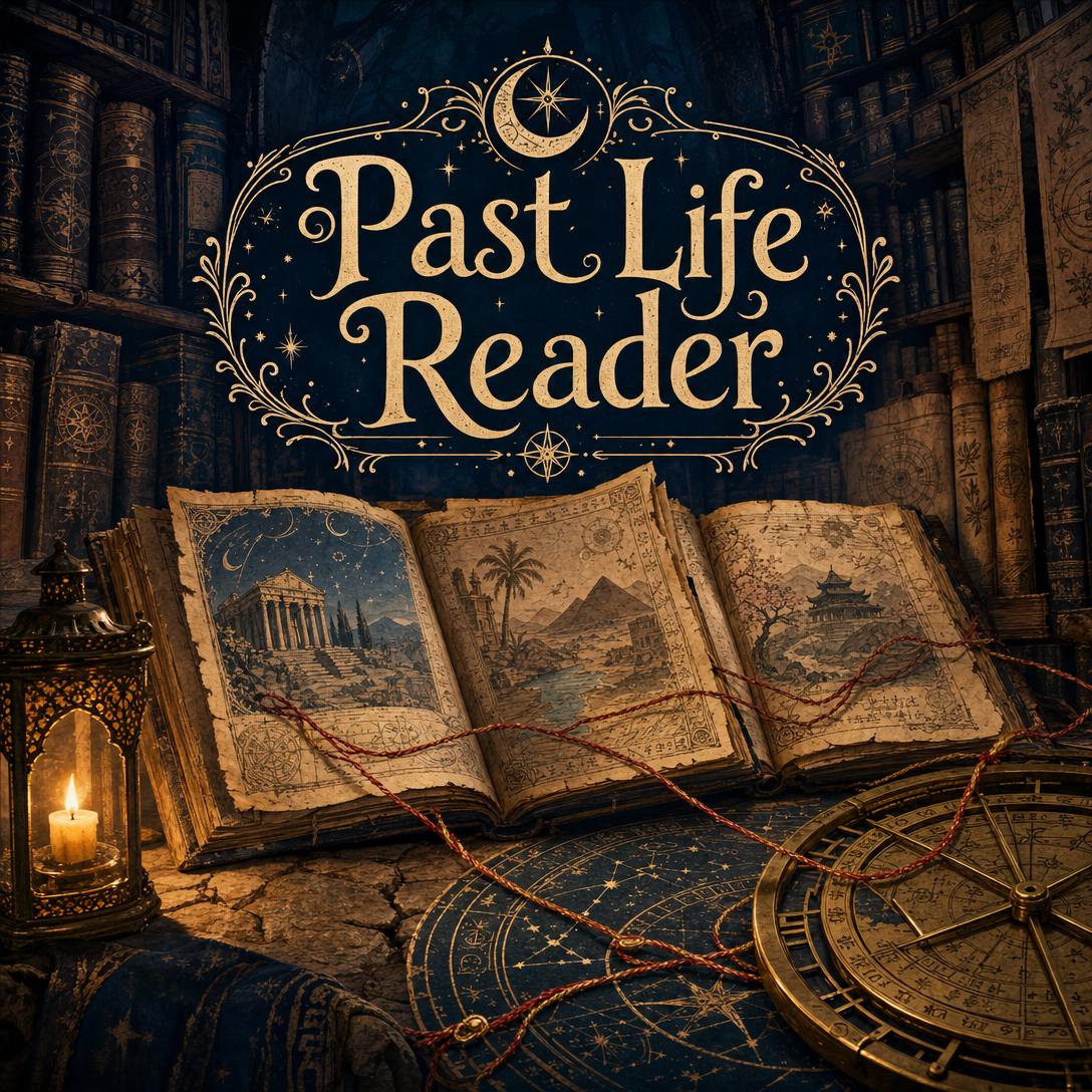 Biblioteca illuminata da candele con un manoscritto illustrato aperto raffigurante templi e paesaggi, una lanterna in ottone, un astrolabio e la scritta decorata Past Life Reader