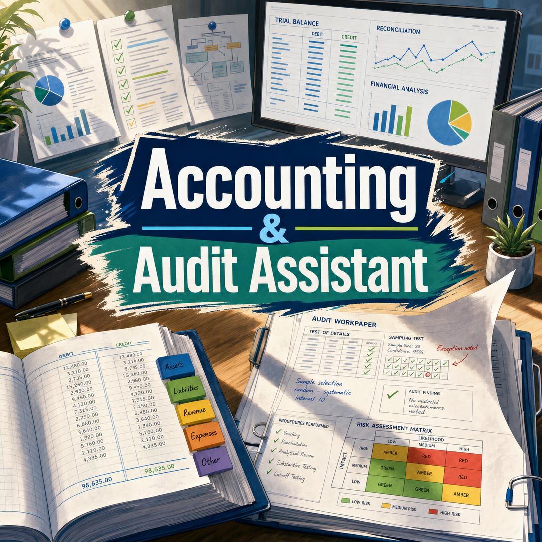 Accounting and audit assistant workspace with a general ledger, color-coded account tabs, trial balance and financial analysis on screen, plus audit workpapers showing sampling tests and a risk assessment matrix