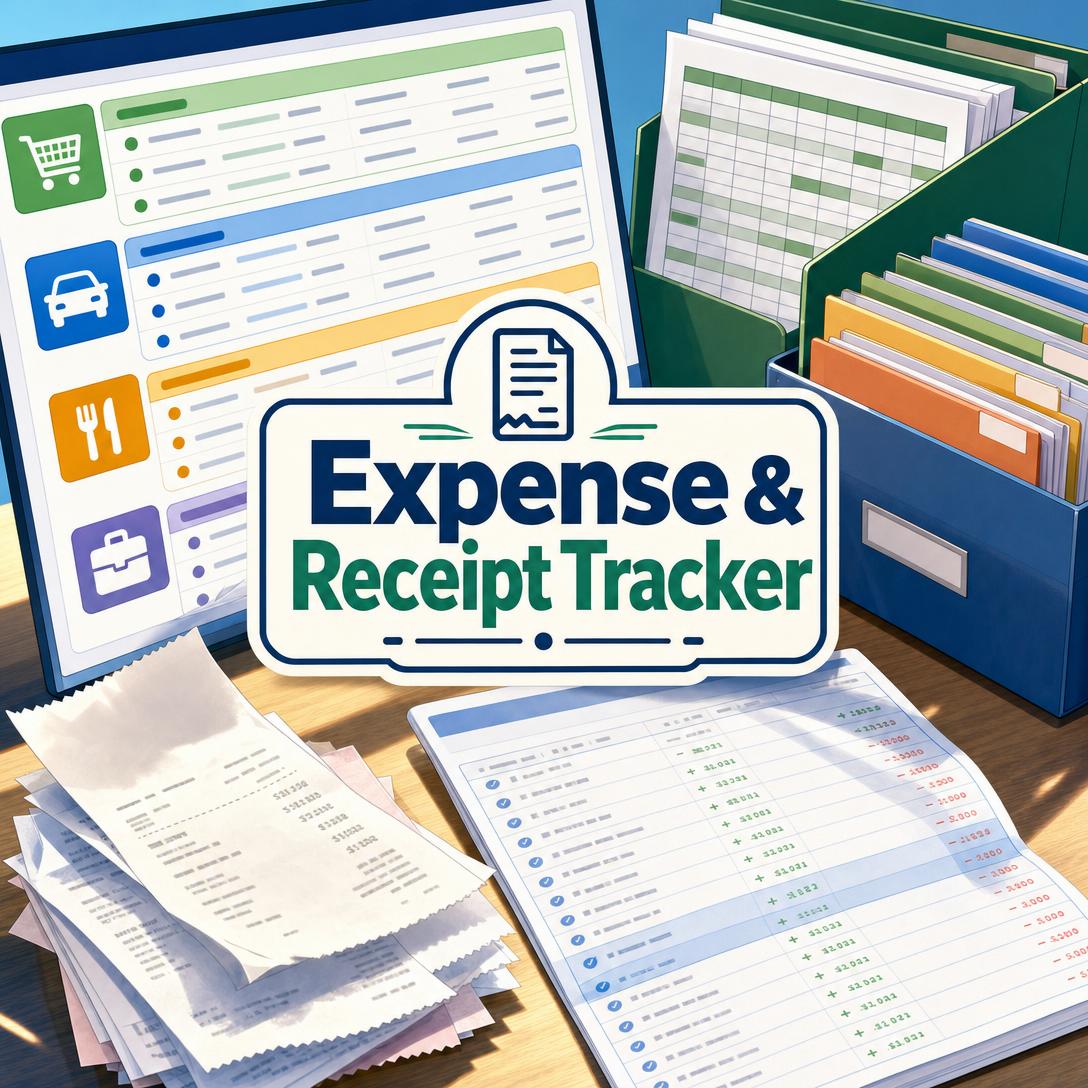 Expense tracking workspace with a categorized spending dashboard, stacked receipts, a checked ledger, and labeled file folders
