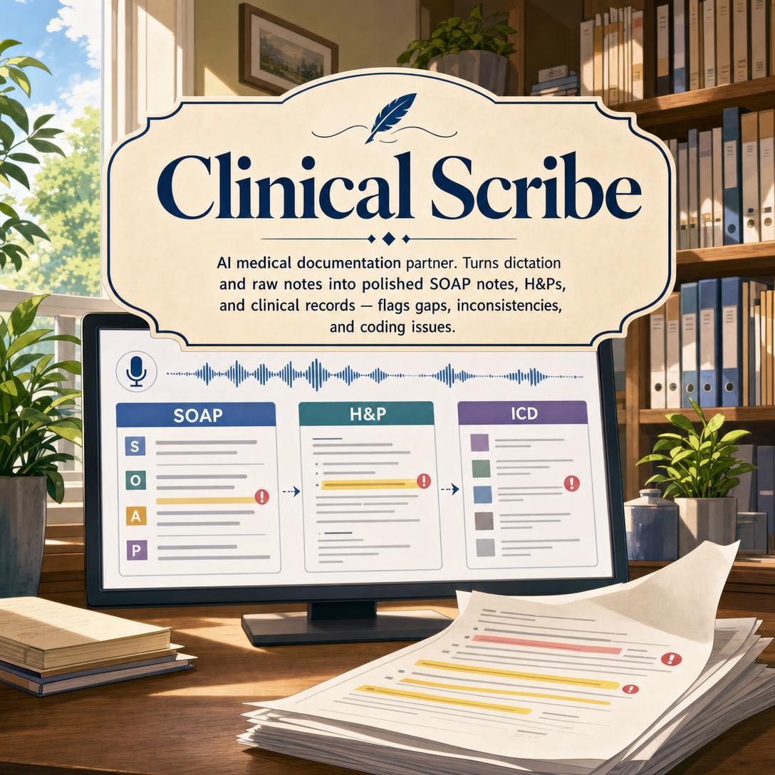 Clinical Scribe workspace showing SOAP notes, H&P, and ICD coding panels on a desktop monitor in a medical office