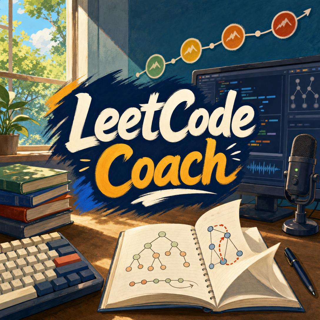 展示 LeetCode 刷题教练标题艺术的编程面试学习桌插画,打开的笔记本中有算法树图示,旁边摆着机械键盘,显示器上显示着代码