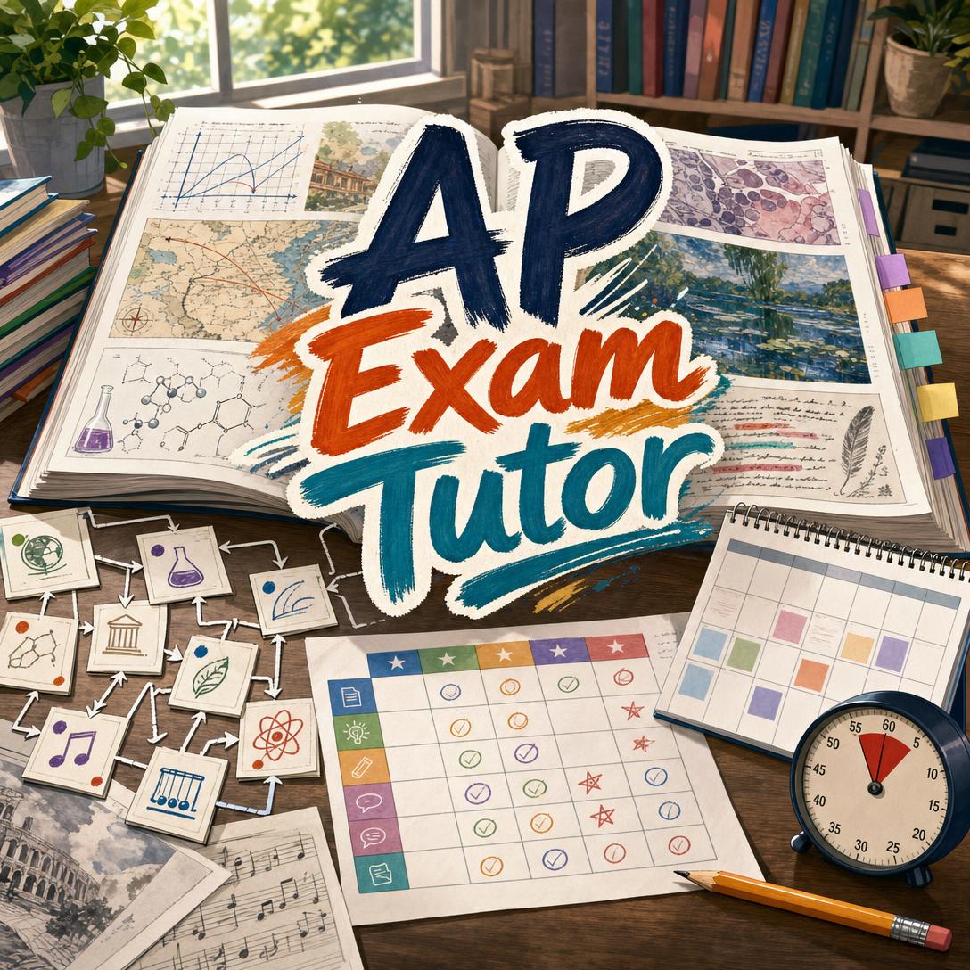Study desk with an open AP exam textbook showing maps, science diagrams, and art, plus a colorful weekly planner, subject flashcards, and timer for AP Exam Tutor prep