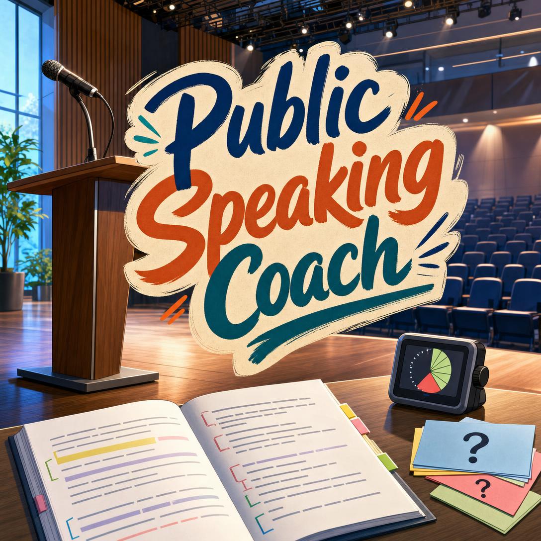 Wooden podium with microphone on an auditorium stage beside an open speech notebook, a presentation timer, and Q&A cards for public speaking coaching
