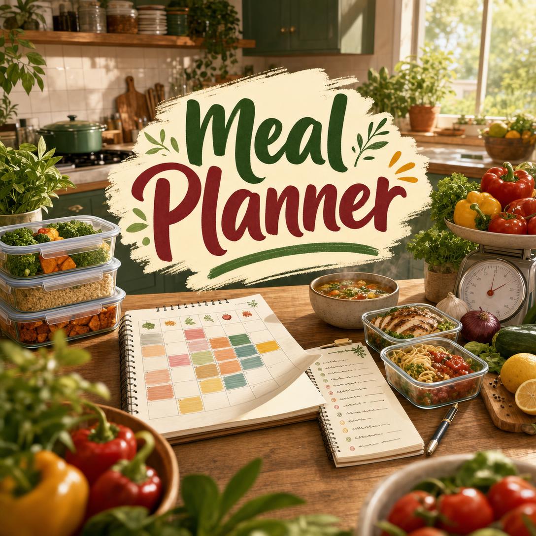 Kitchen counter with a weekly meal planner calendar, handwritten grocery list, stacked glass prep containers, soup, grilled chicken, pasta, and fresh peppers