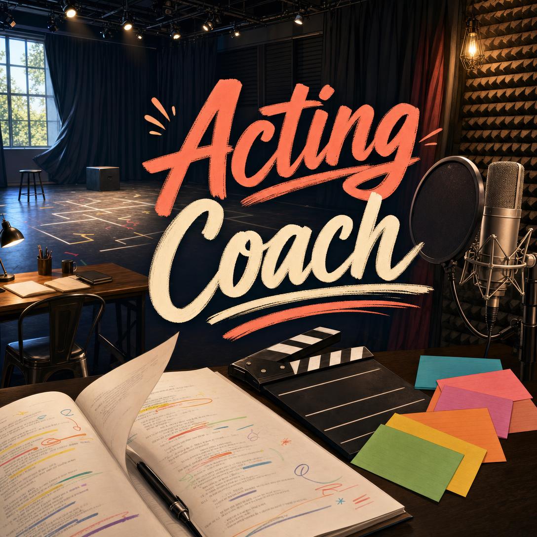 Acting coach rehearsal studio with annotated script, film clapperboard, and condenser microphone set for scene study and audition prep