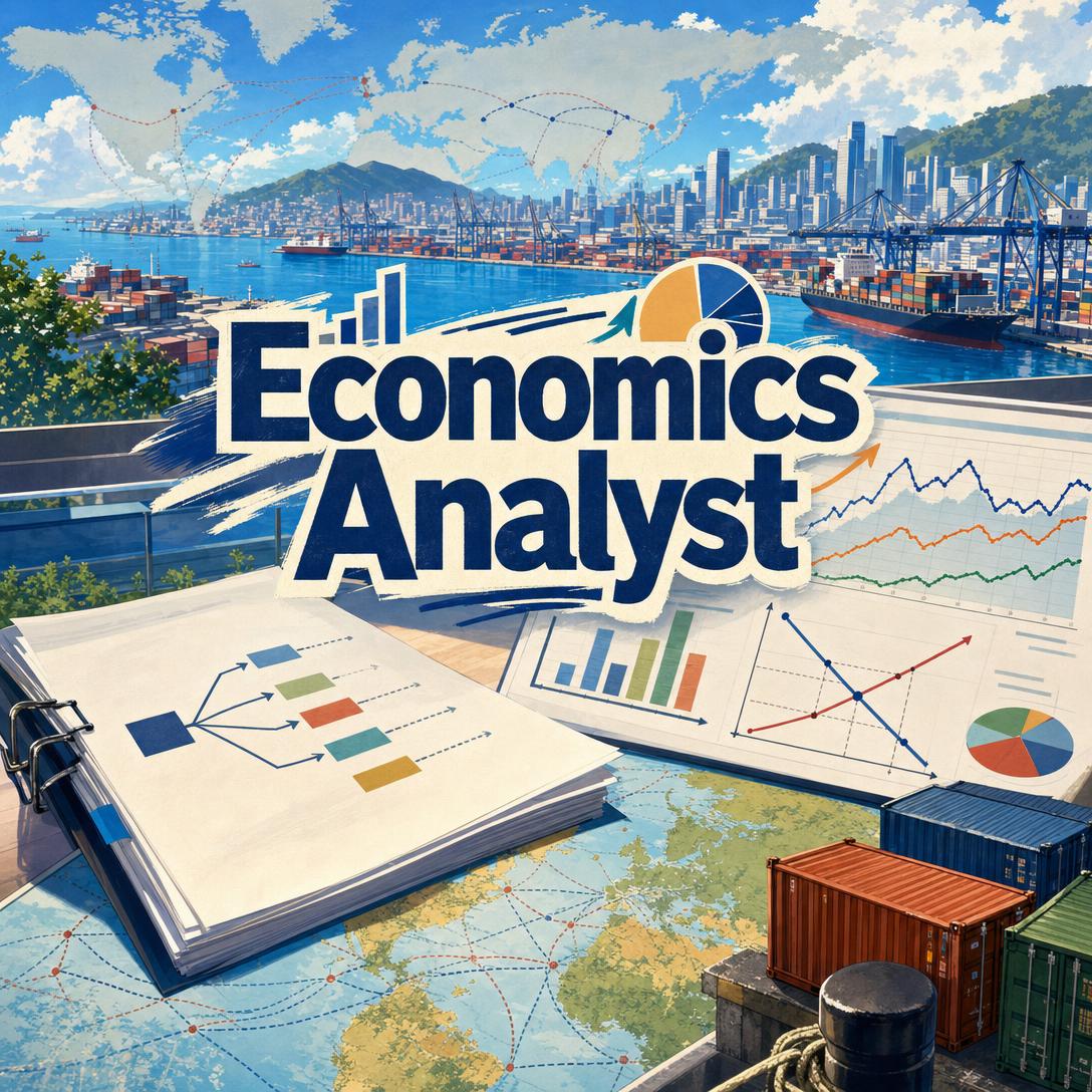 Illustrated global shipping port with cargo containers, world map, and economic charts for an AI economics analyst workspace