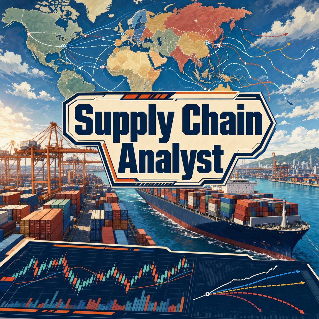 Illustrierte Weltkarte globaler Schifffahrtsrouten über einem Containerterminal, einem Frachtschiff und Dashboards eines Supply-Chain-Analysten mit Frachtraten und Kostentrends