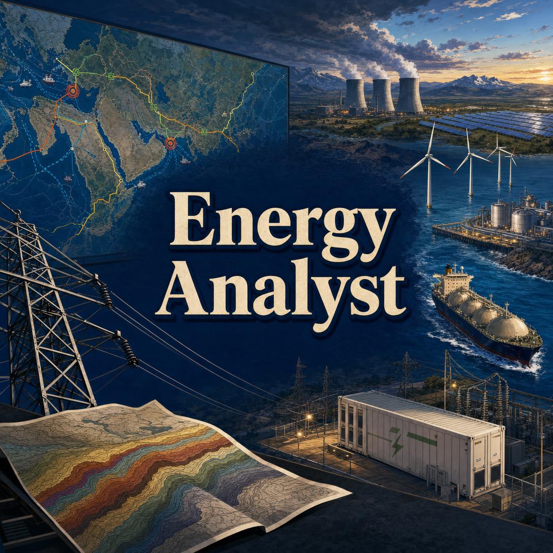 Composite energy systems collage showing a regional pipeline map, nuclear cooling towers, wind turbines, solar arrays, an LNG tanker, high-voltage lines, a battery storage container, and a geological survey map