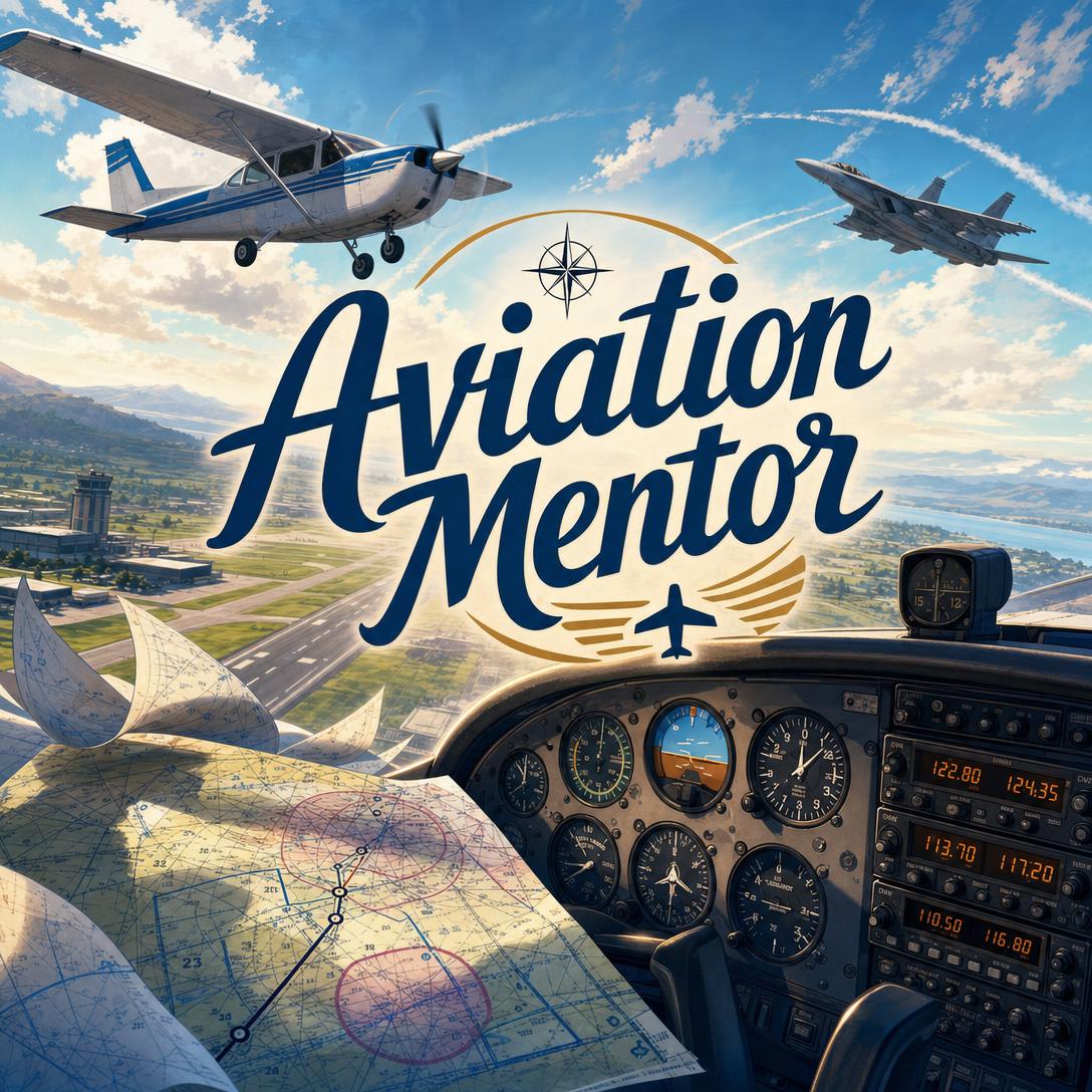 Instrumentos de vuelo analógicos en una cabina y carta seccional aeronáutica con una Cessna y un caza sobre la pista de un aeropuerto, representando la formación de vuelo del Mentor de Aviación