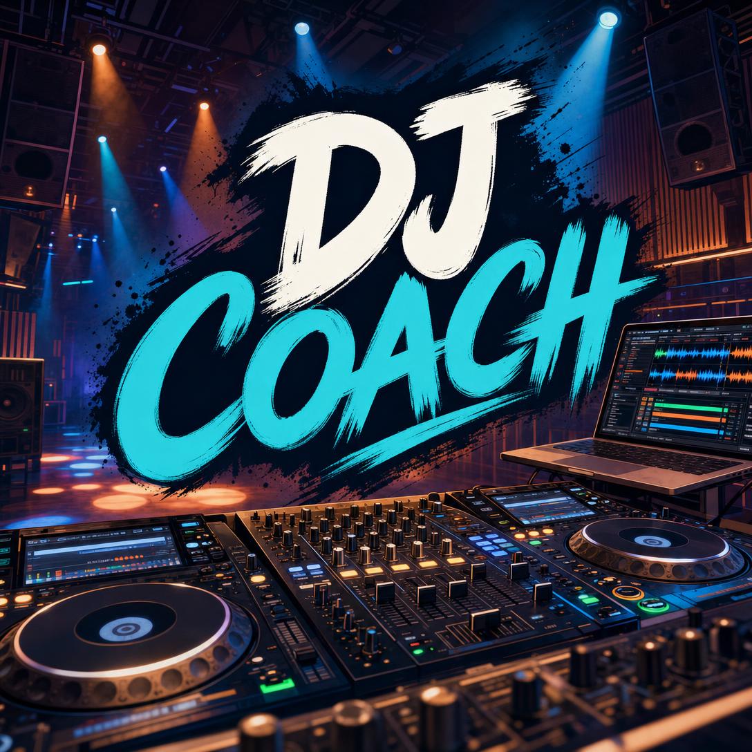 DJ Coach AI title graphic over a club DJ booth with CDJ turntables, mixer, laptop waveforms, and stage lighting