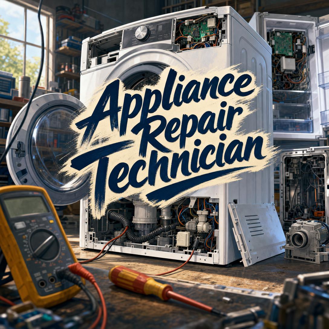 Disassembled front-load washing machine on a workshop bench with the drum, motor, drain pump, and control board exposed, a yellow multimeter and screwdriver in the foreground