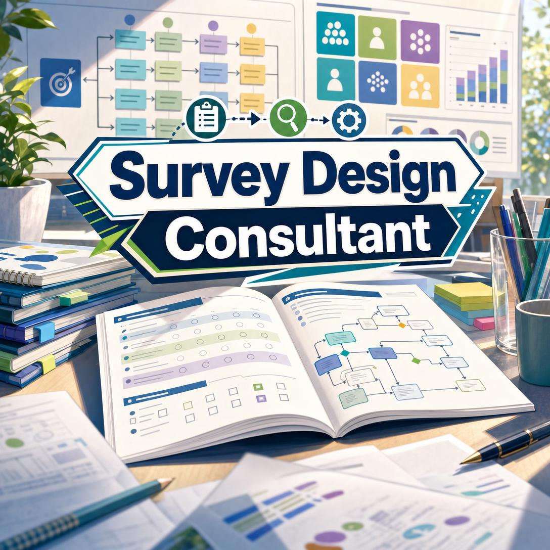 Không gian làm việc thiết kế khảo sát với sổ câu hỏi đang mở, sơ đồ luồng logic bỏ qua và bố cục thang đo Likert dưới biểu ngữ Chuyên gia thiết kế khảo sát