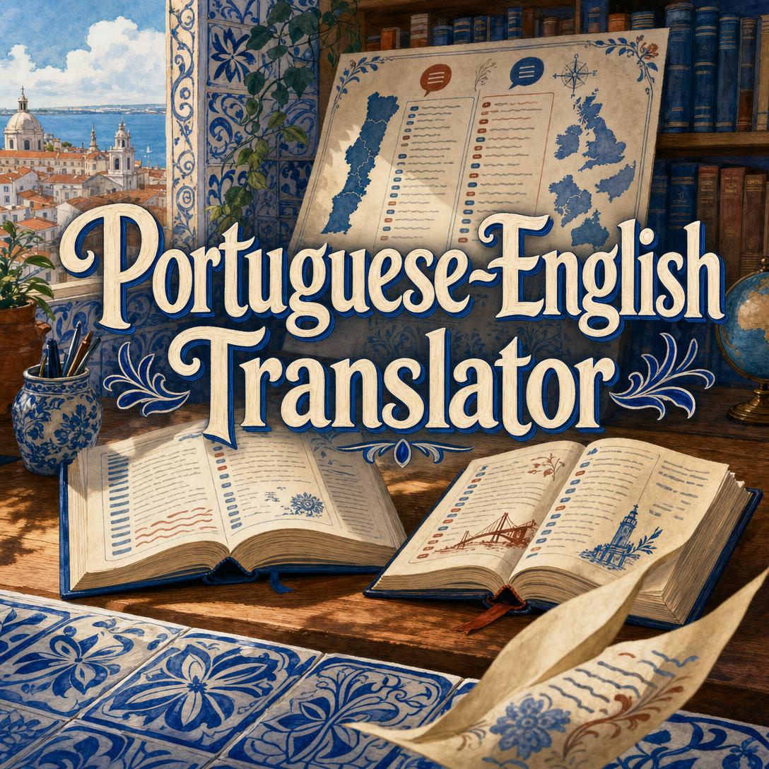 Open bilingual dictionaries and illustrated Portugal and Britain maps on a wooden desk with Portuguese azulejo tiles for Portuguese-English translation