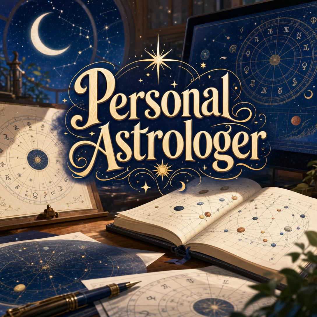 espacio de trabajo de un astrólogo personal con cartas natales, un libro abierto de diagramas planetarios, una rueda zodiacal en una laptop y una luna creciente en un cielo nocturno estrellado