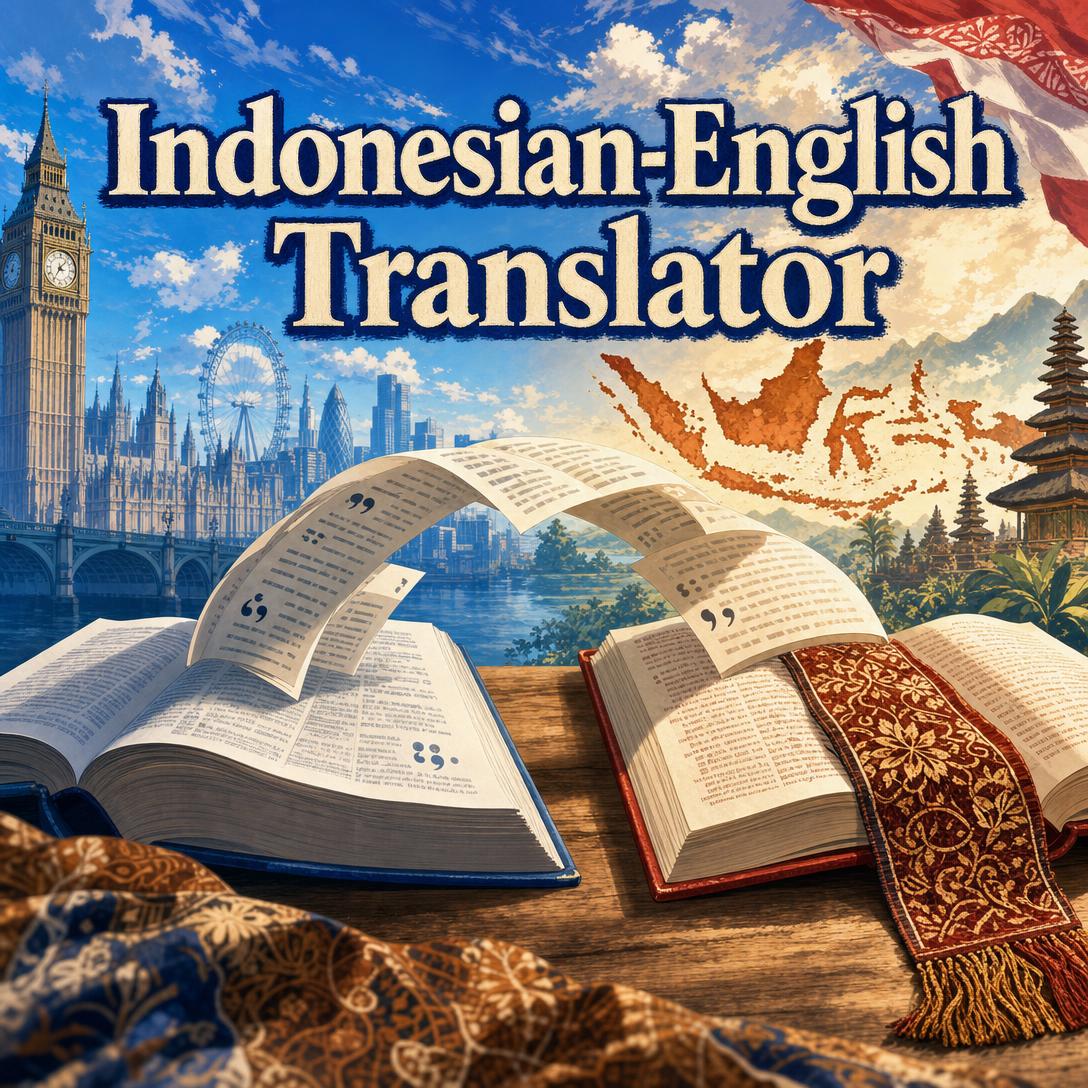 Two open books exchanging pages of text between London's Big Ben and a Balinese temple, representing Indonesian-English translation