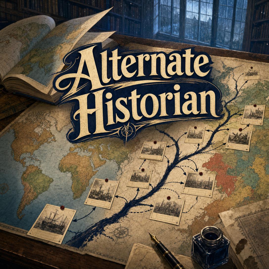 Antique world map with a branching timeline of pinned historical photographs, an open atlas, fountain pen, and inkwell on a historian's desk